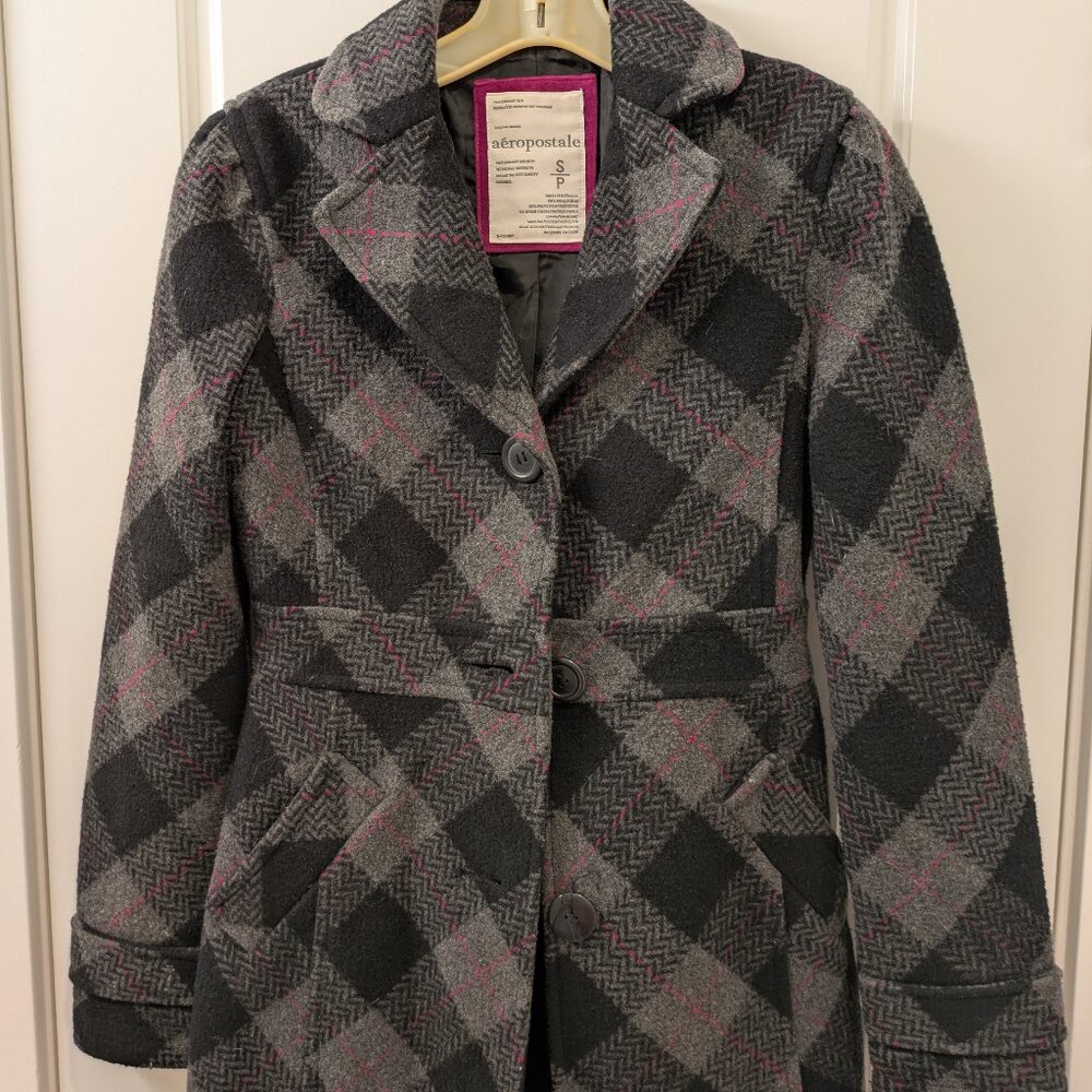 Women's small Grey & black, plaid, belted Aeropostale pea coat